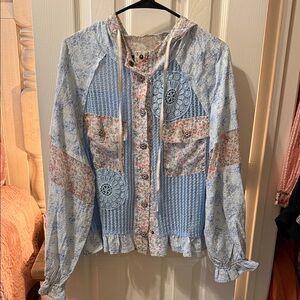 Light Blue Floral Lace Patchwork Hooded Jacket or Top